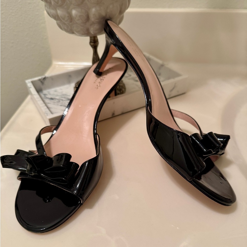 SOLD Kate Spade black patent leather slip on kitten heels shoes